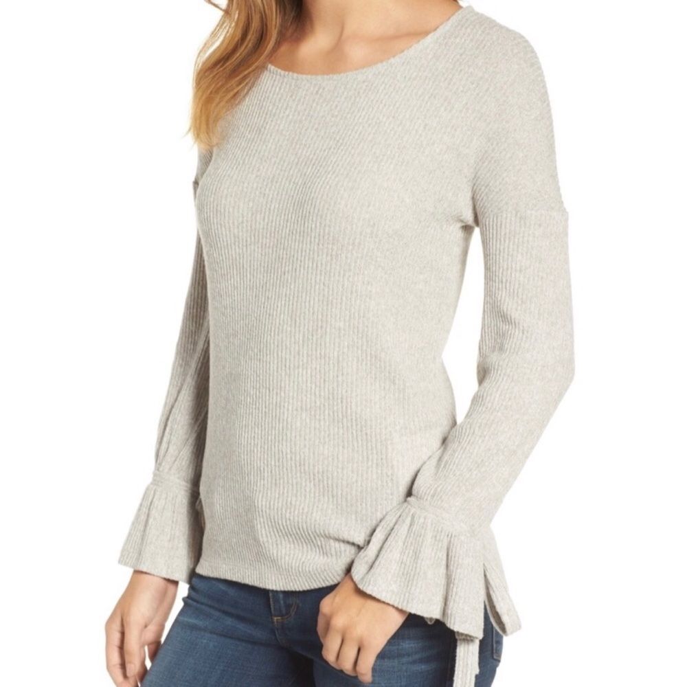NWT Lucky Brand Ruffle Tie Long Sleeve Grey Top❤ - Picture 1 of 7